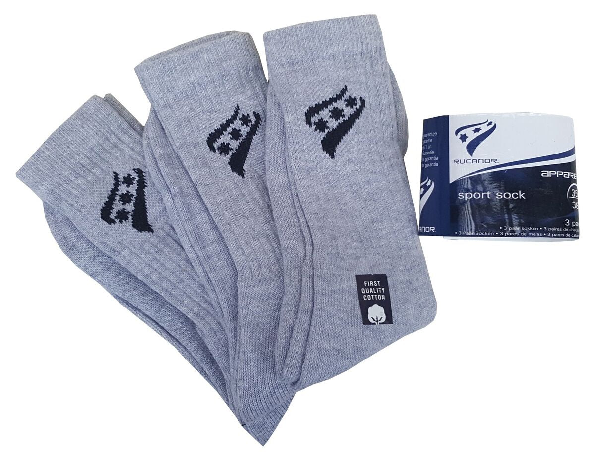 3 pack socks                                RUCANOR Grey Marl Triple Pack Sports Socks Soft Premium First Quality Cotton size 35 -40 / 45-50